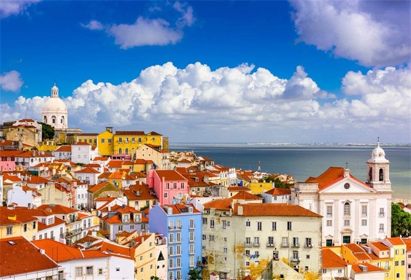 AOFOTO 7x5ft European Seashore Small Town Colorful Houses Backdrop Portugal Lisbon Cityscape Landscape Blue Sky Skyline Background for Photography Lovers Adults Travel Portrait Photo Studio Props - Image 1